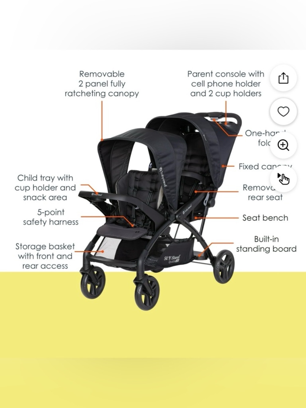 Baby Trend Sit N' Stand Double Stroller with Riding Board & Under Cubby Storage - Picture 8 of 12